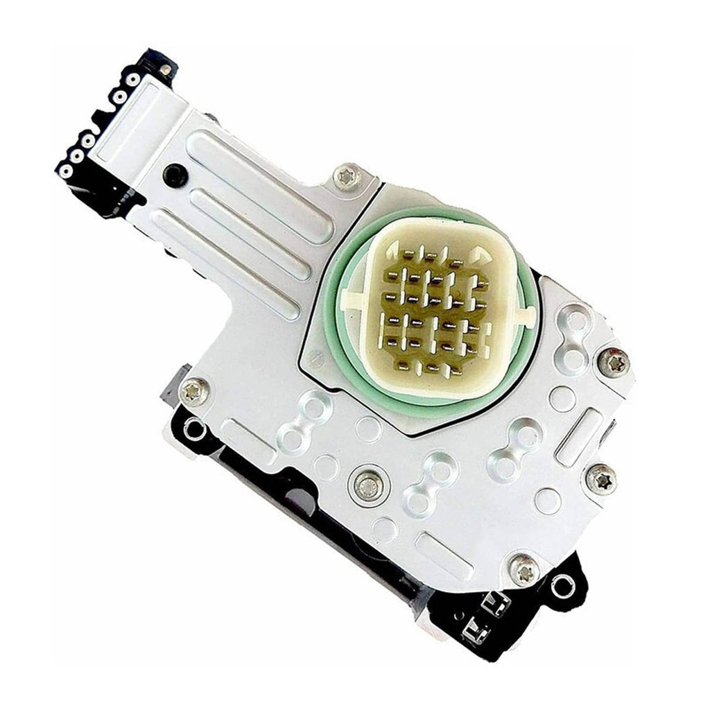 Transmission solenoid pack with green gasket and beige connector plug, top view
