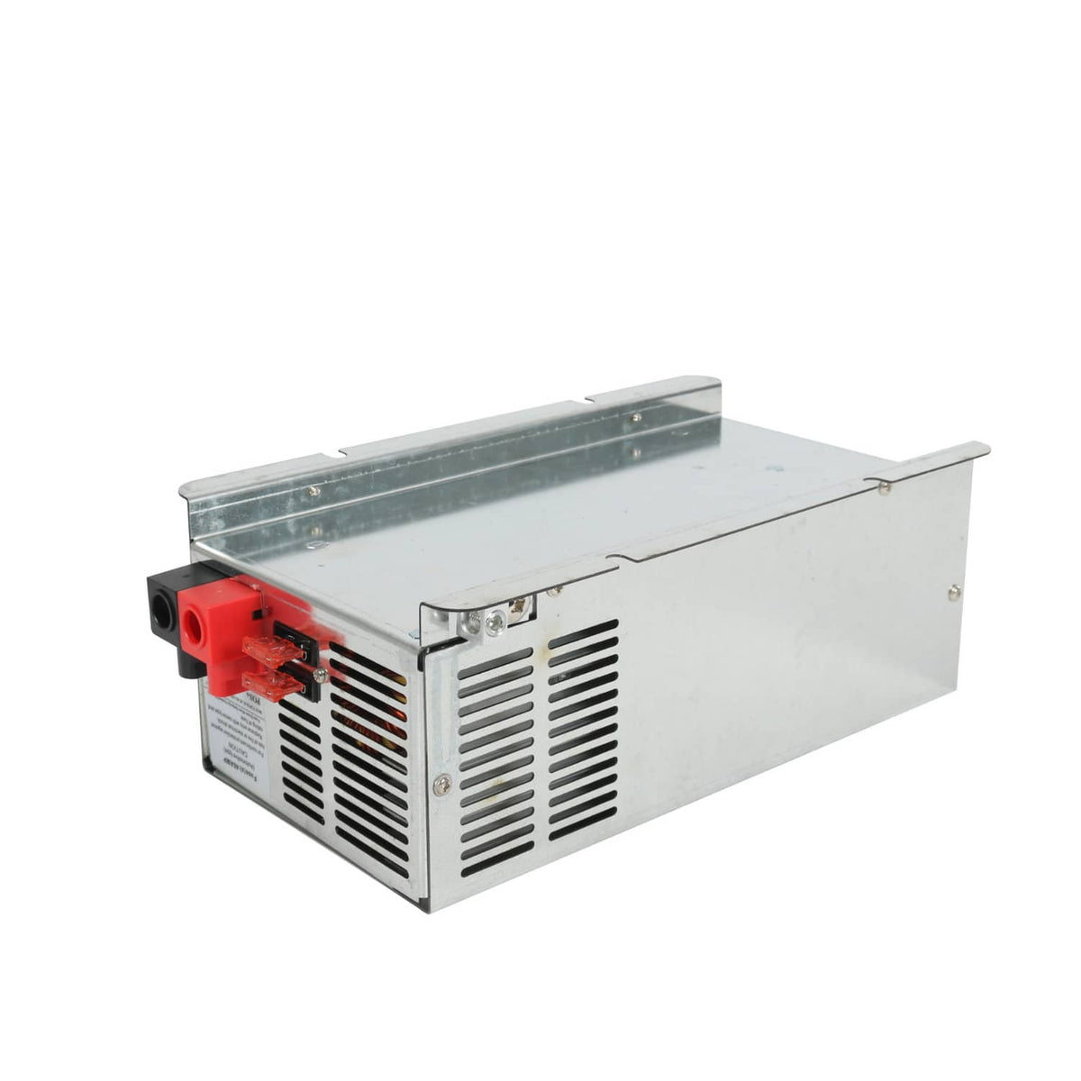65A power converter charger with red terminals and ventilation grille, metal enclosure