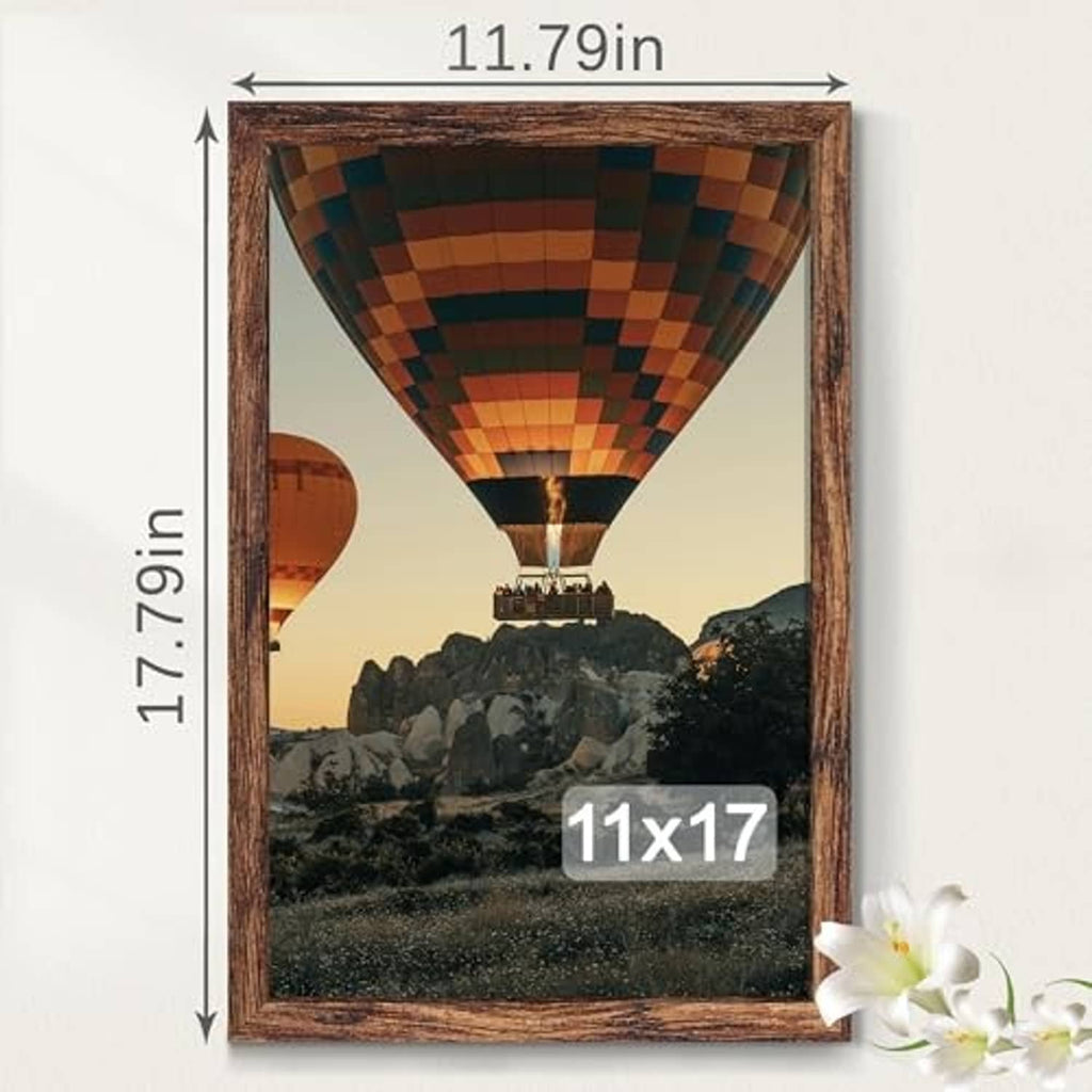 Brown 11x17 picture frame with hot air balloon photo and size measurements