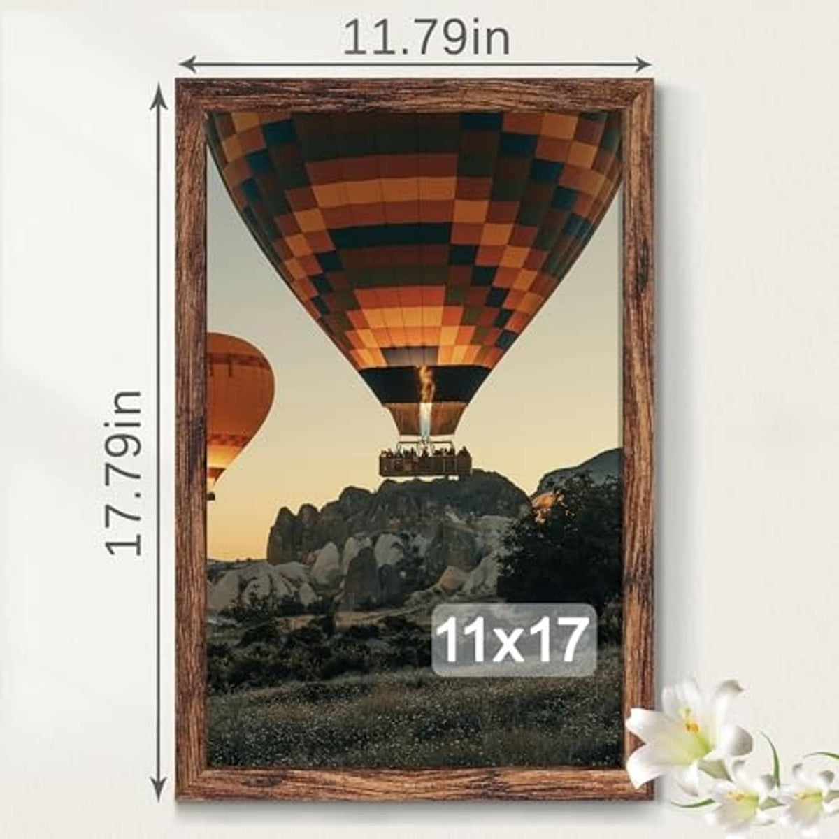 Brown 11x17 picture frame with hot air balloon photo and size measurements