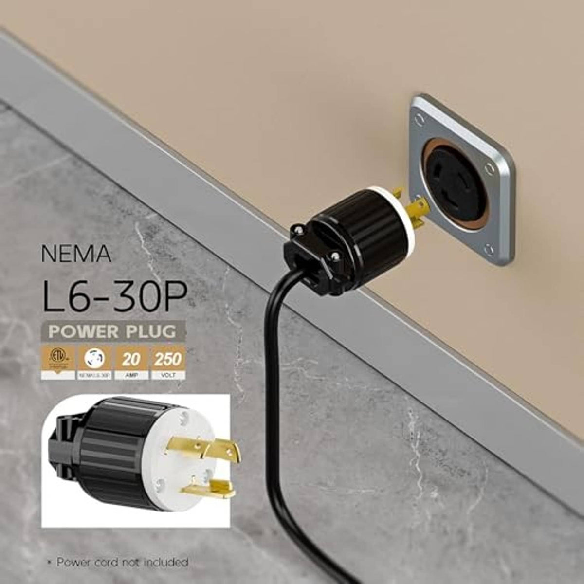 AC power plug with black cord strain relief and gold prongs, plugged into a wall outlet