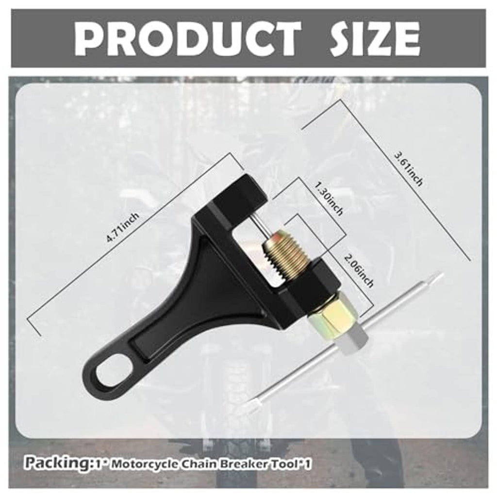 Motorcycle chain breaker tool with black frame and brass threaded pin, length graphic