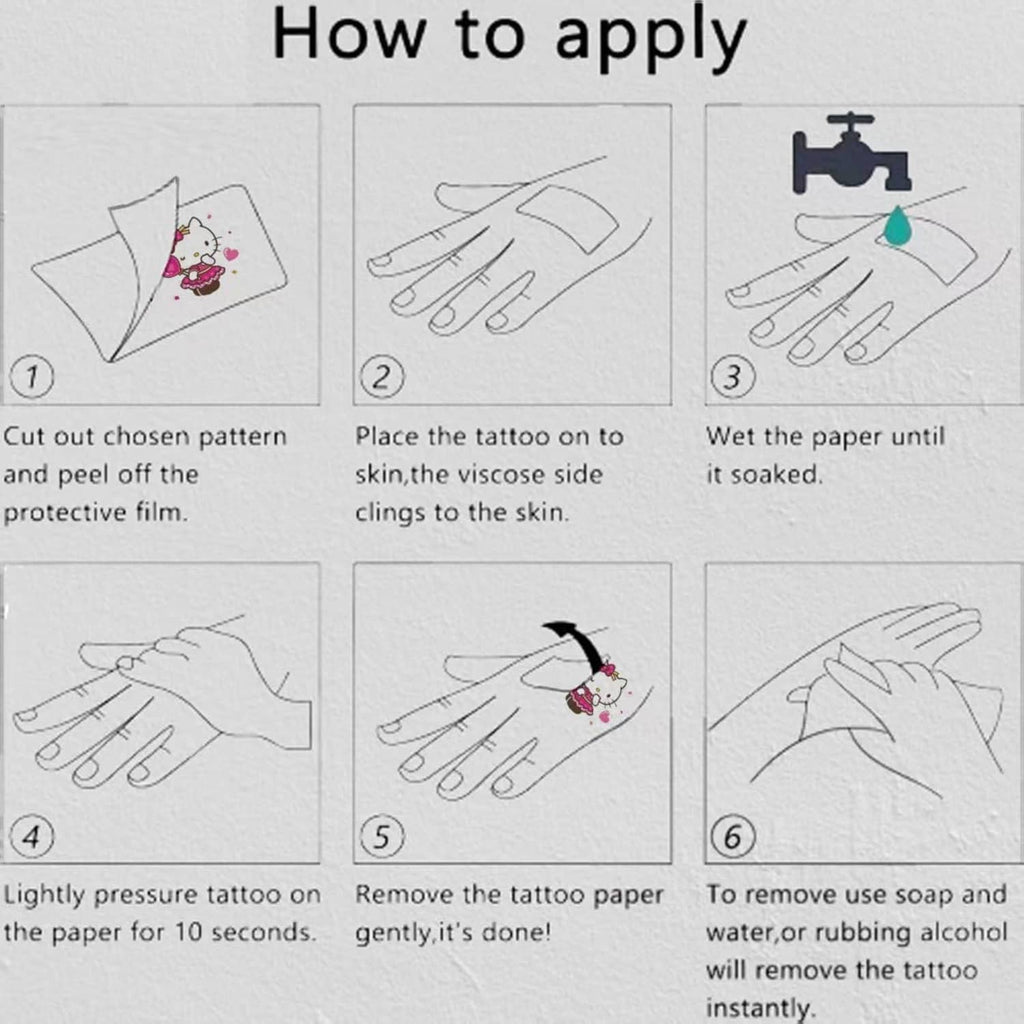 How-to-apply diagram for Hello Kitty temporary tattoos: cut, place, wet, remove.