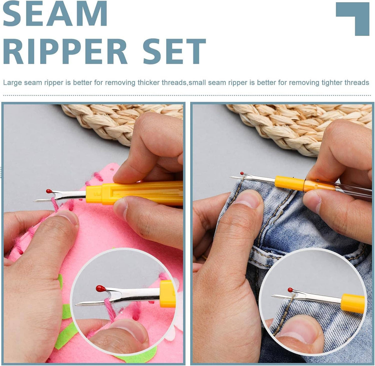 Seam ripper tool removing stitches from denim fabric with precise thread cutting