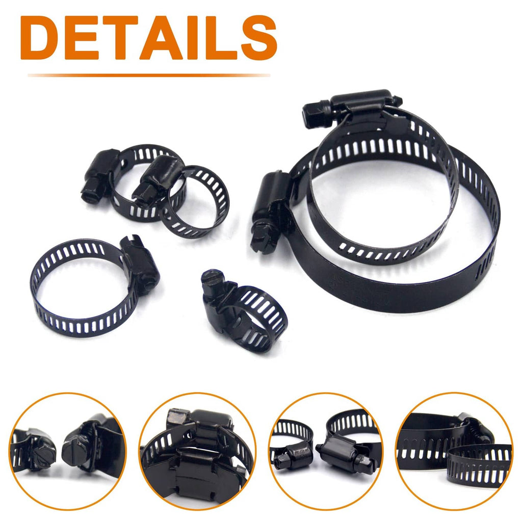 Black worm gear hose clamps with screw tabs; assorted sizes arranged