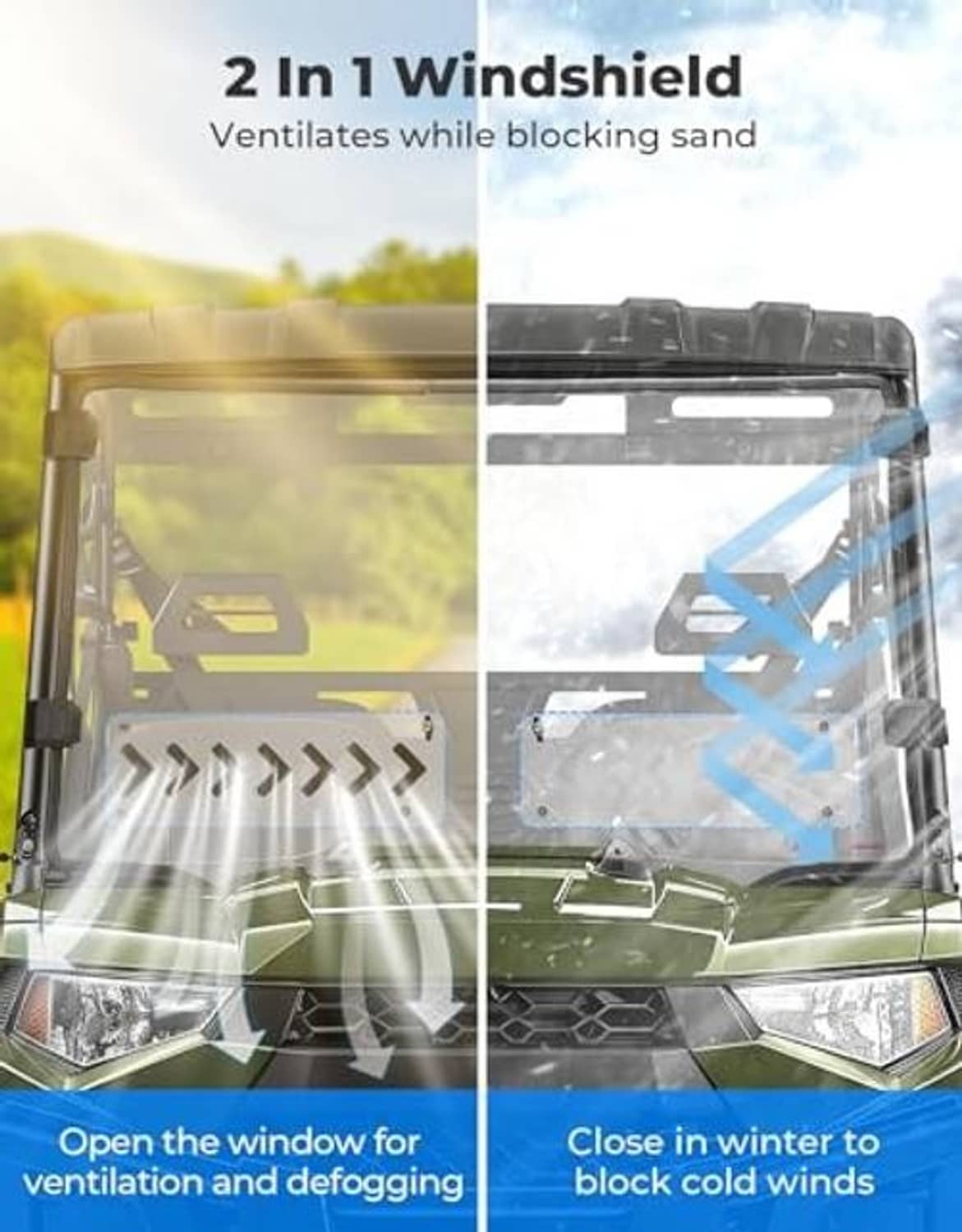 Two-in-one front windshield for UTV with vent window for summer ventilation and winter sealing.
