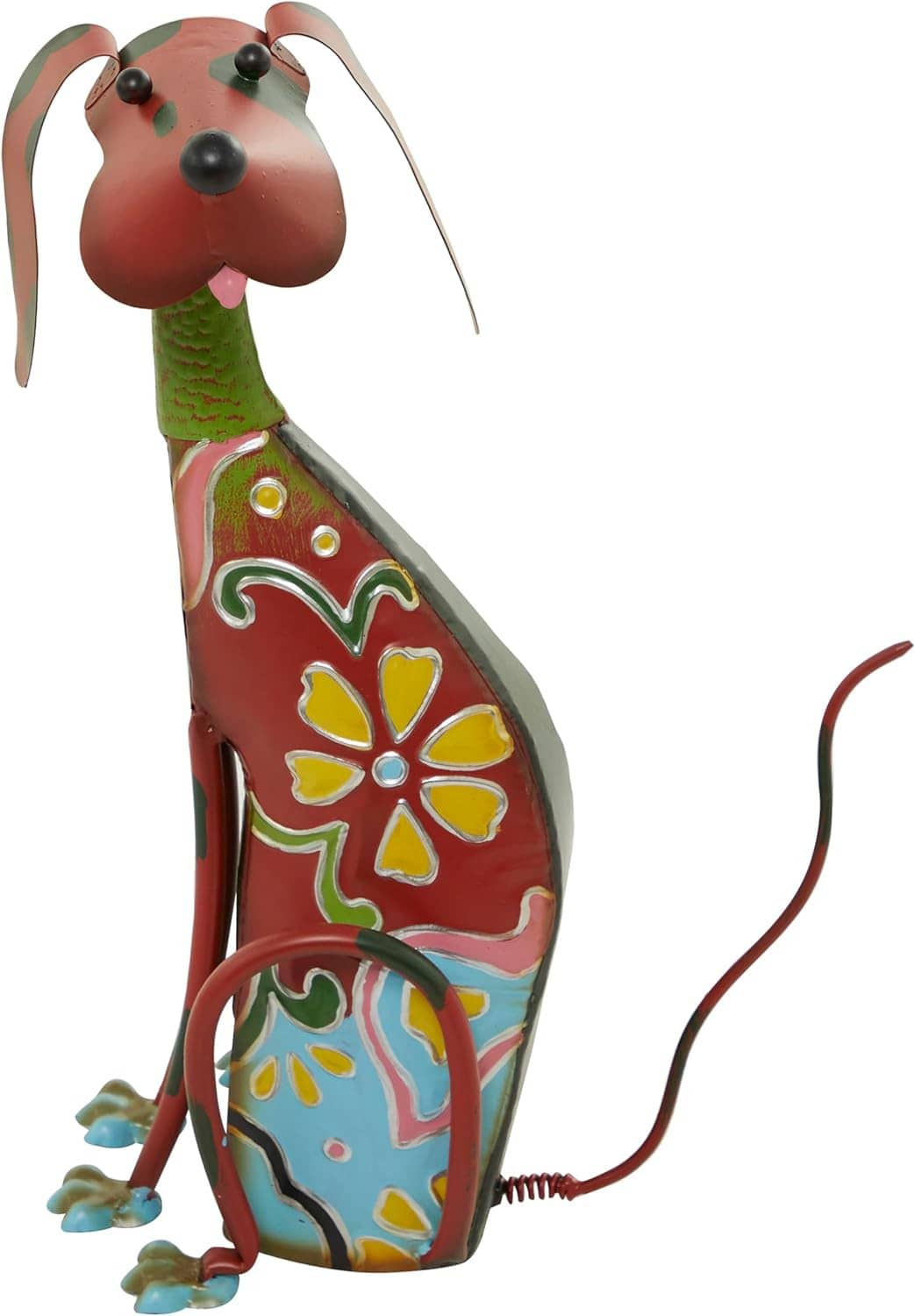 Decorative metal dog garden sculpture, front-side view with red floral and blue panels