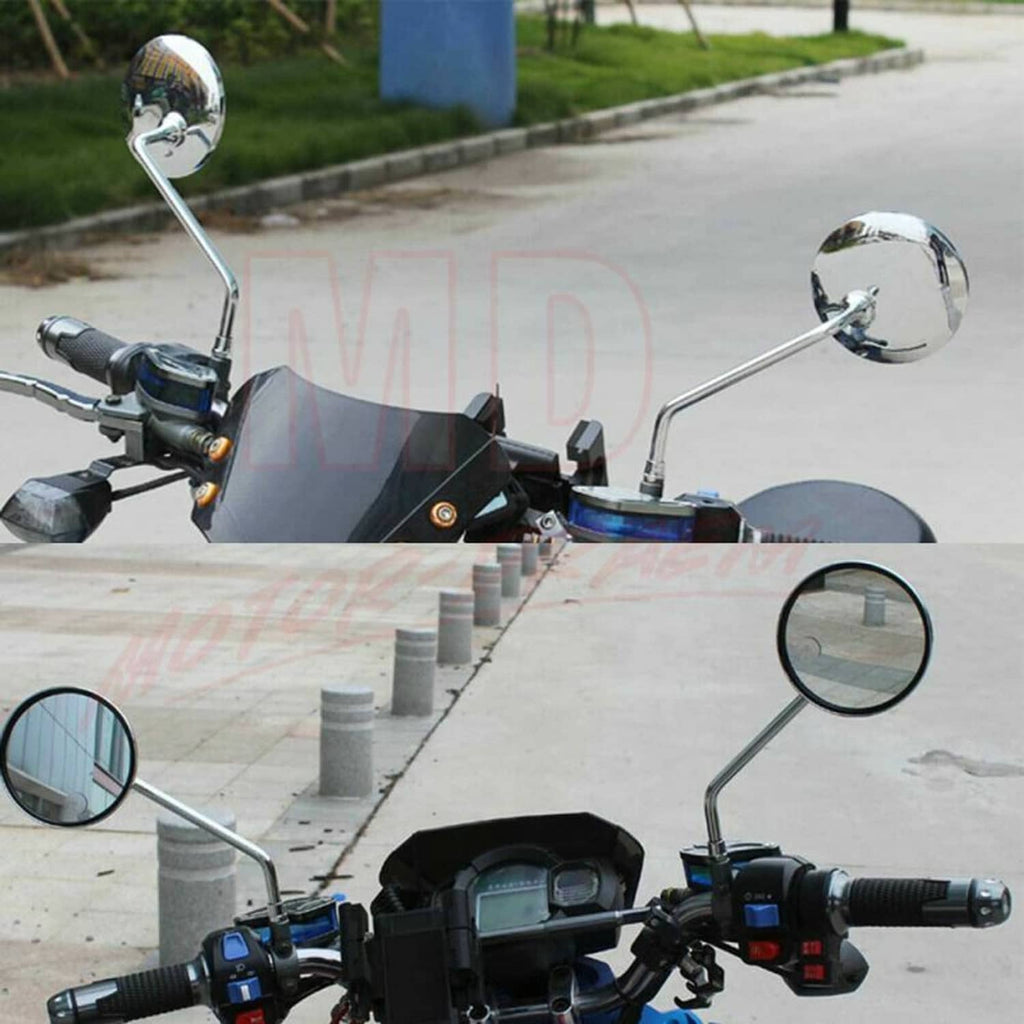 Chrome motorcycle rearview mirrors installed, round glass with black edging and metal stems