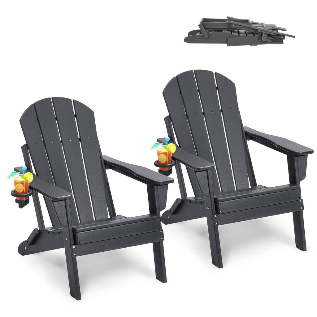 Pair of gray folding Adirondack patio chairs with cup holders and tall slatted backs