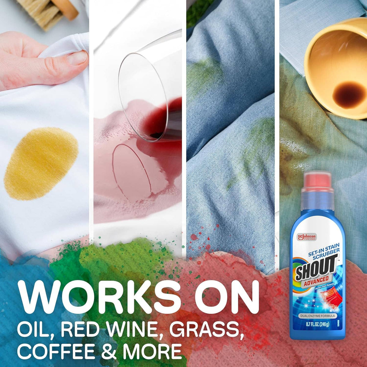 Blue Shout Advanced stain remover gel bottle with red cap shown with stain samples.