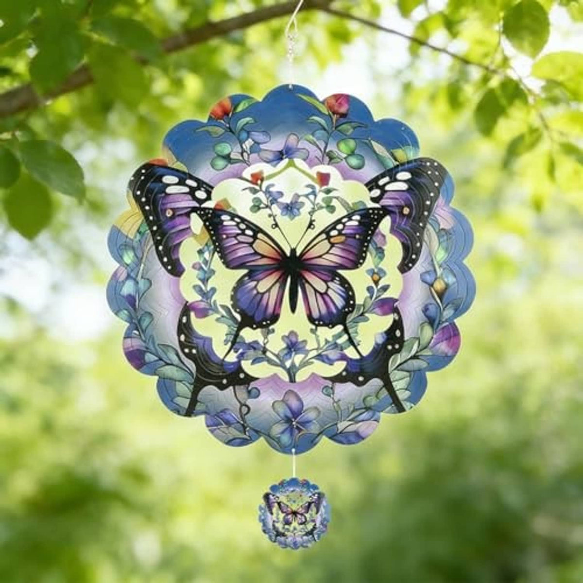 Round butterfly 3D wind spinner in blue and purple with floral center medallion