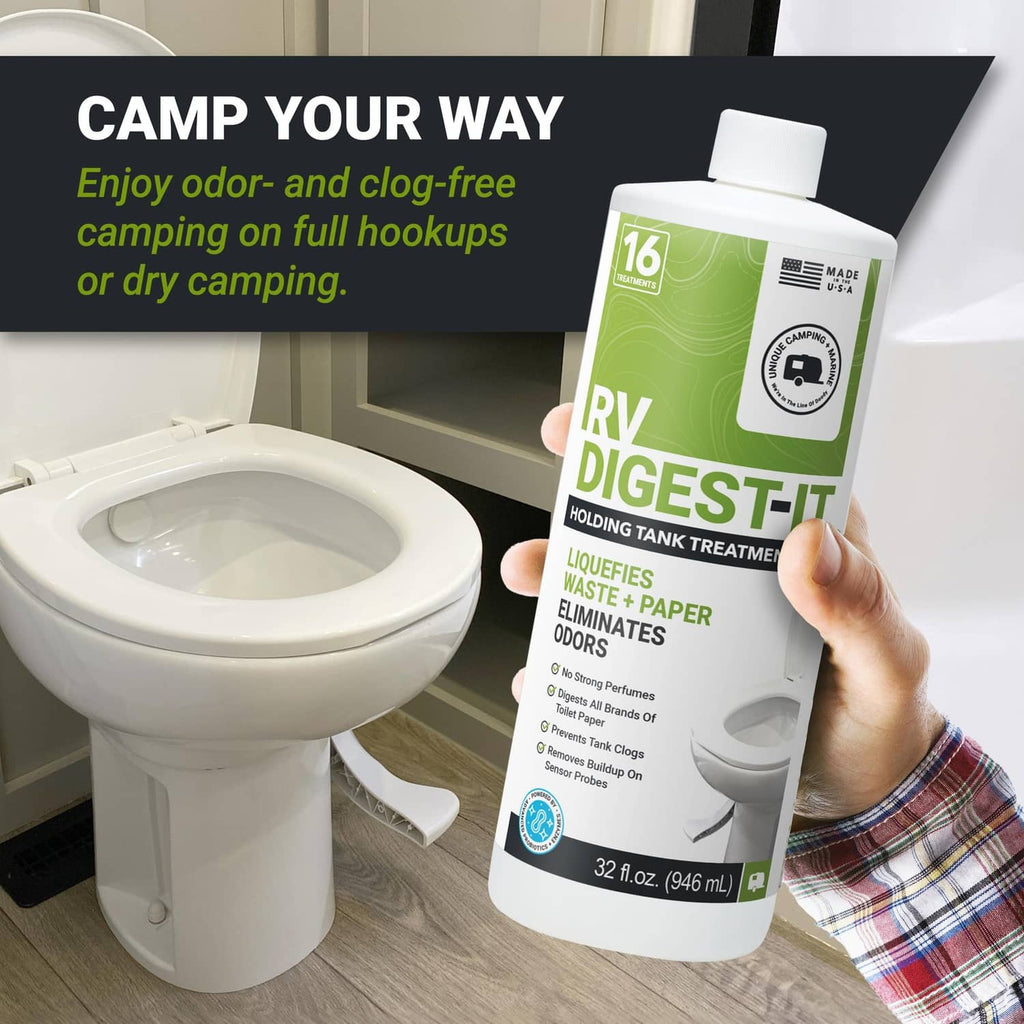 RV holding tank treatment bottle held near a white toilet, green “RV DIGEST-IT” label