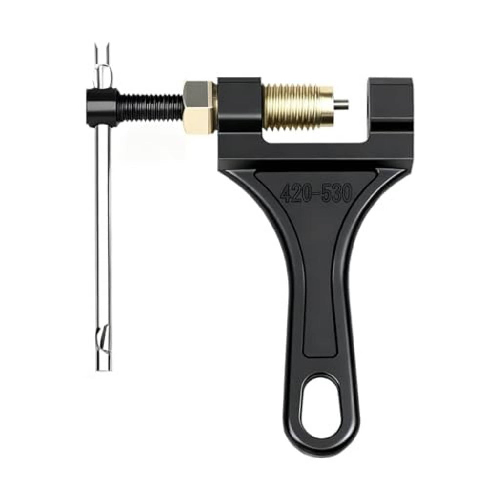 Motorcycle chain breaker tool showing black handle, brass adjuster, and alignment pin