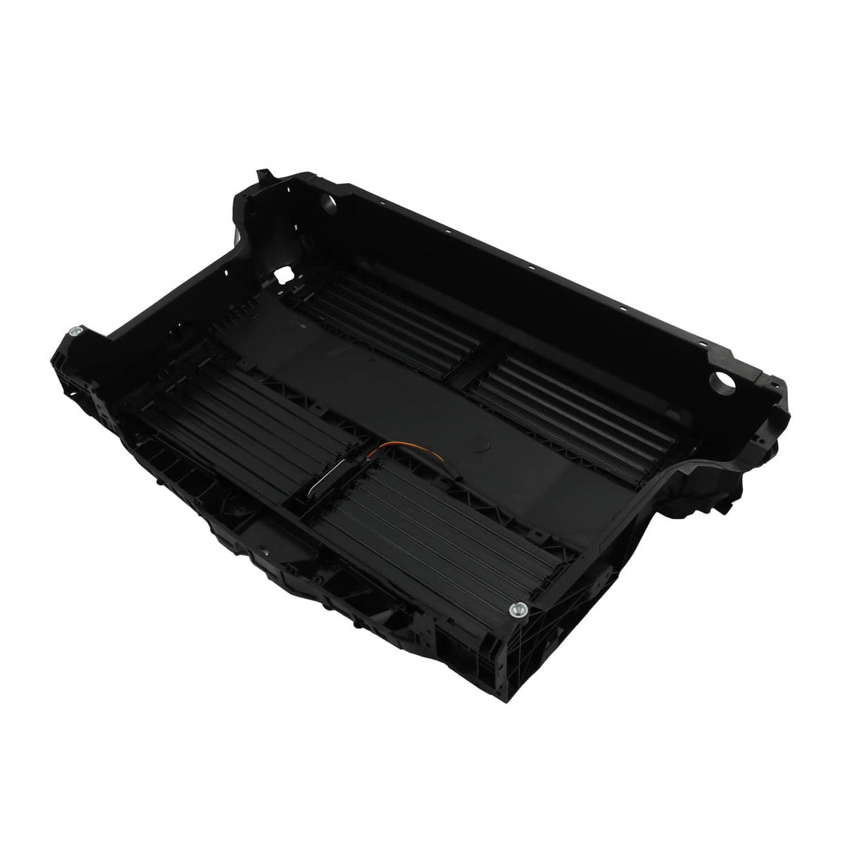 Air shutter grille housing tray, black plastic with slat pattern and central access cover