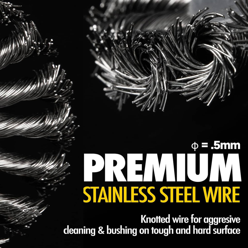 Twisted stainless steel wire wheel with dense spiral bristles for aggressive grinding