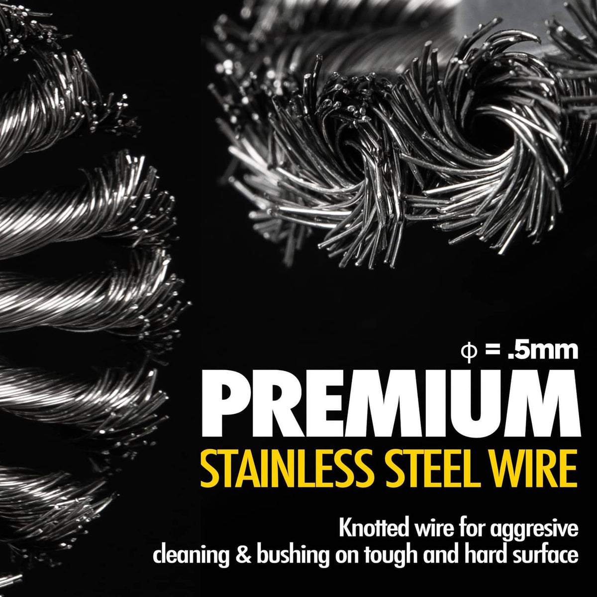Twisted stainless steel wire wheel with dense spiral bristles for aggressive grinding