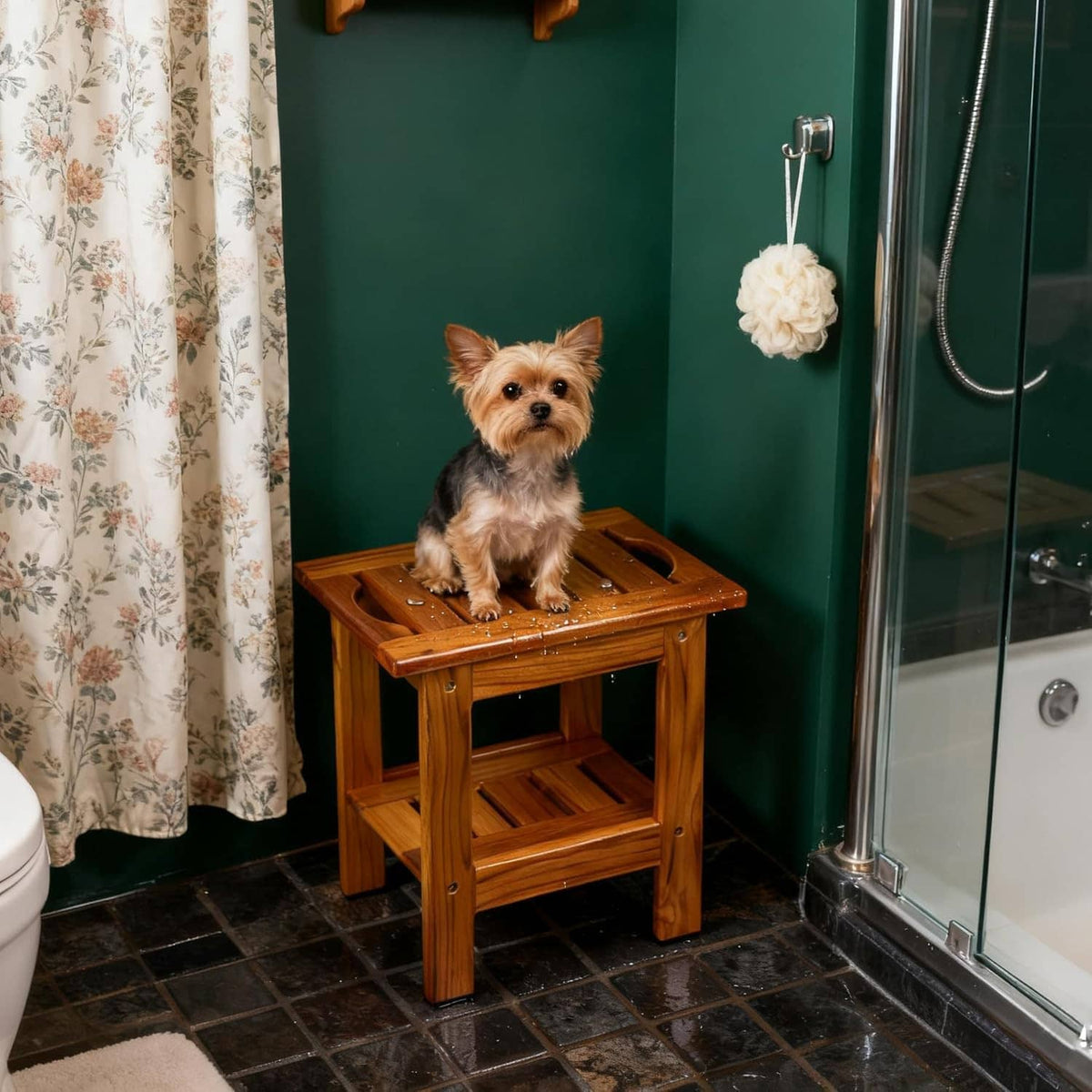 Teak slatted shower stool with lower shelf, with a small dog on top