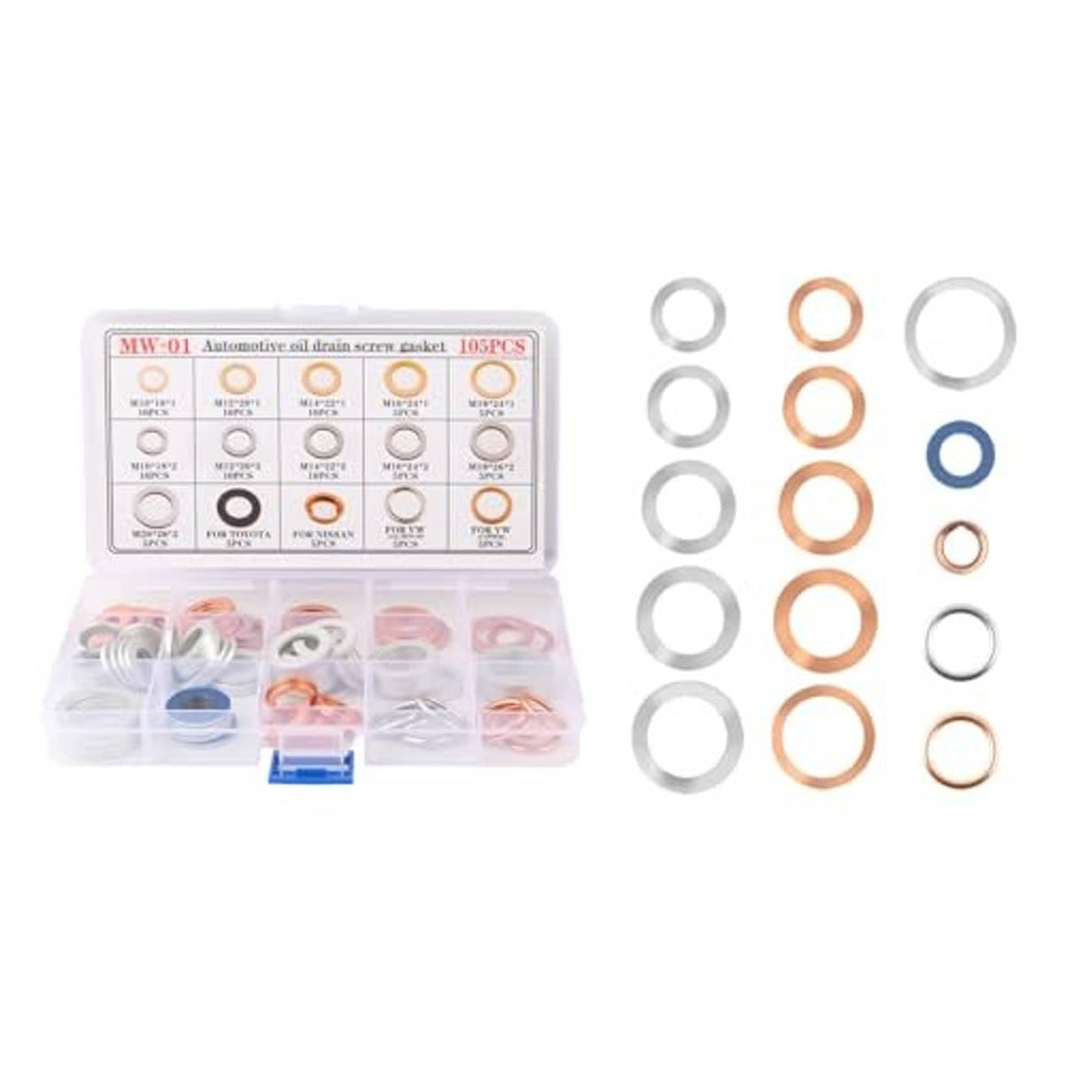 Car oil drain plug gasket kit: 105 mixed metal crush washers in a clear organizer
