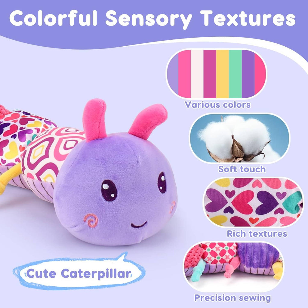Purple plush caterpillar with soft fabric, colorful patterned sections, and antennae