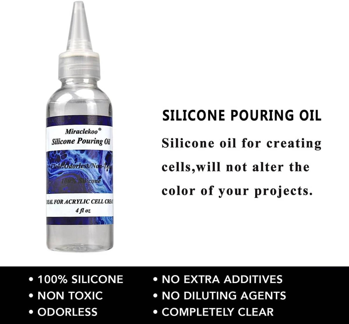 Clear silicone pouring oil bottle with blue label and product details