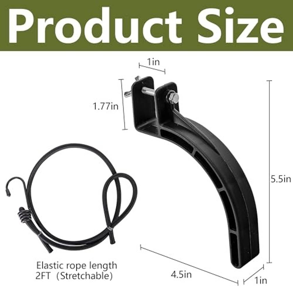 Black stirrup bracket and elastic rope length size diagram with key measurements