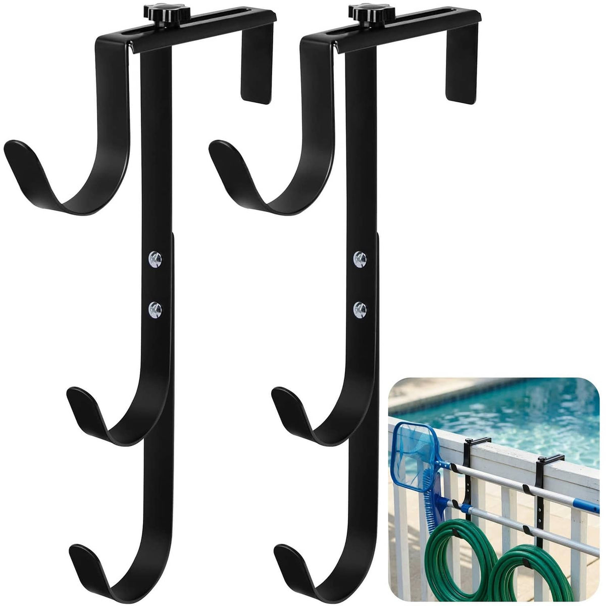 Black U-shaped pool fence hooks with three curved arms and mounting plate