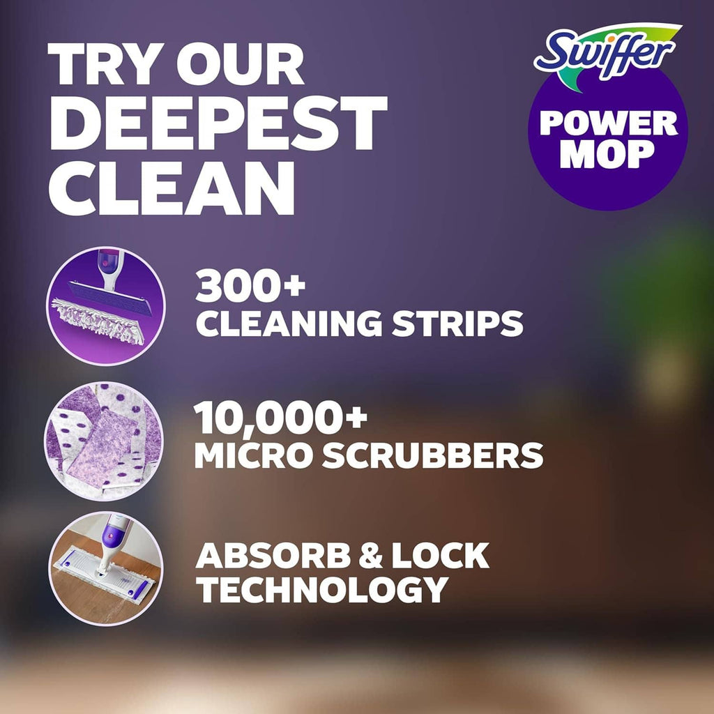 Swiffer Power Mop package back panel with cleaning strips and micro-scrubber icons