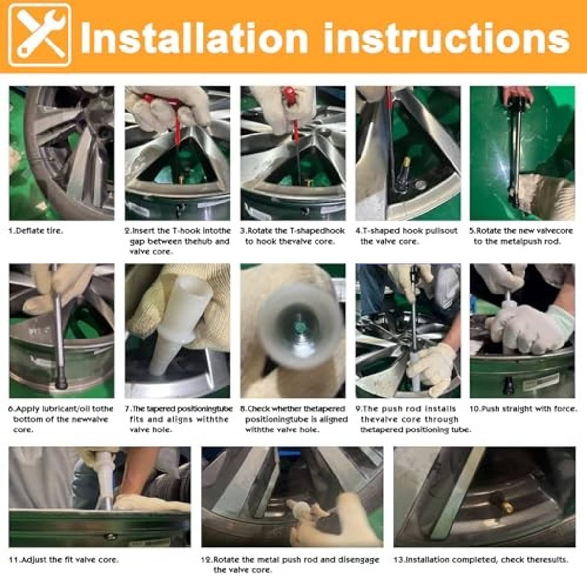 Tire valve tool installation steps showing hook removal and push-rod installation sequence