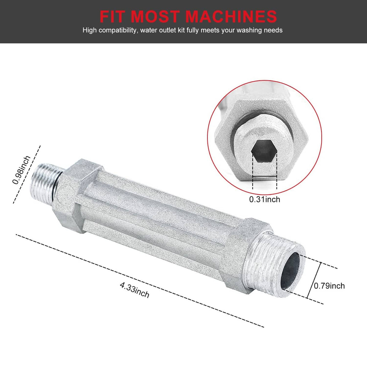 Silver outlet tube replacement with hex connector and threaded outlet ends