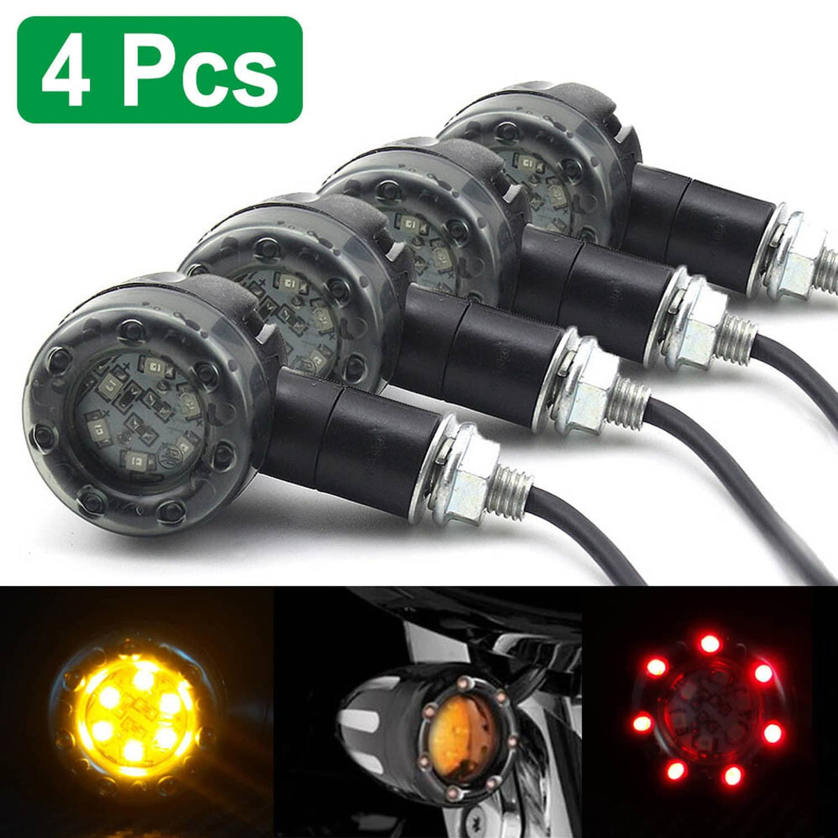 Four motorcycle LED turn signal indicators with black housings, amber glow, and red light mode