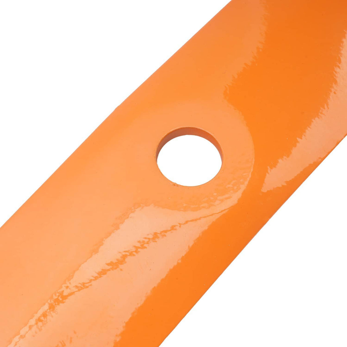 Orange mower blade close-up with circular mounting hole and stamped wear marks