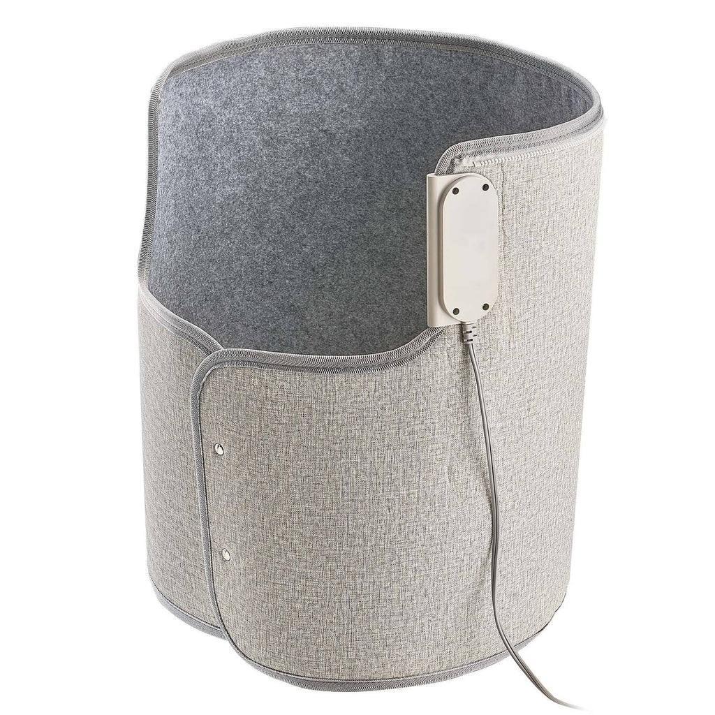 Portable under-desk heater with fabric cover, corded power panel on side
