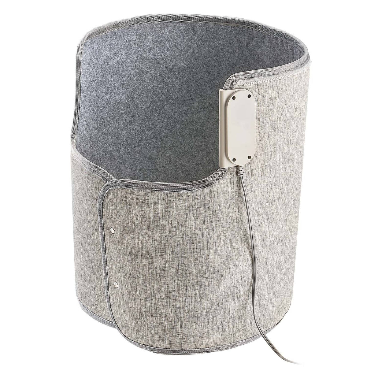 Portable under-desk heater with fabric cover, corded power panel on side
