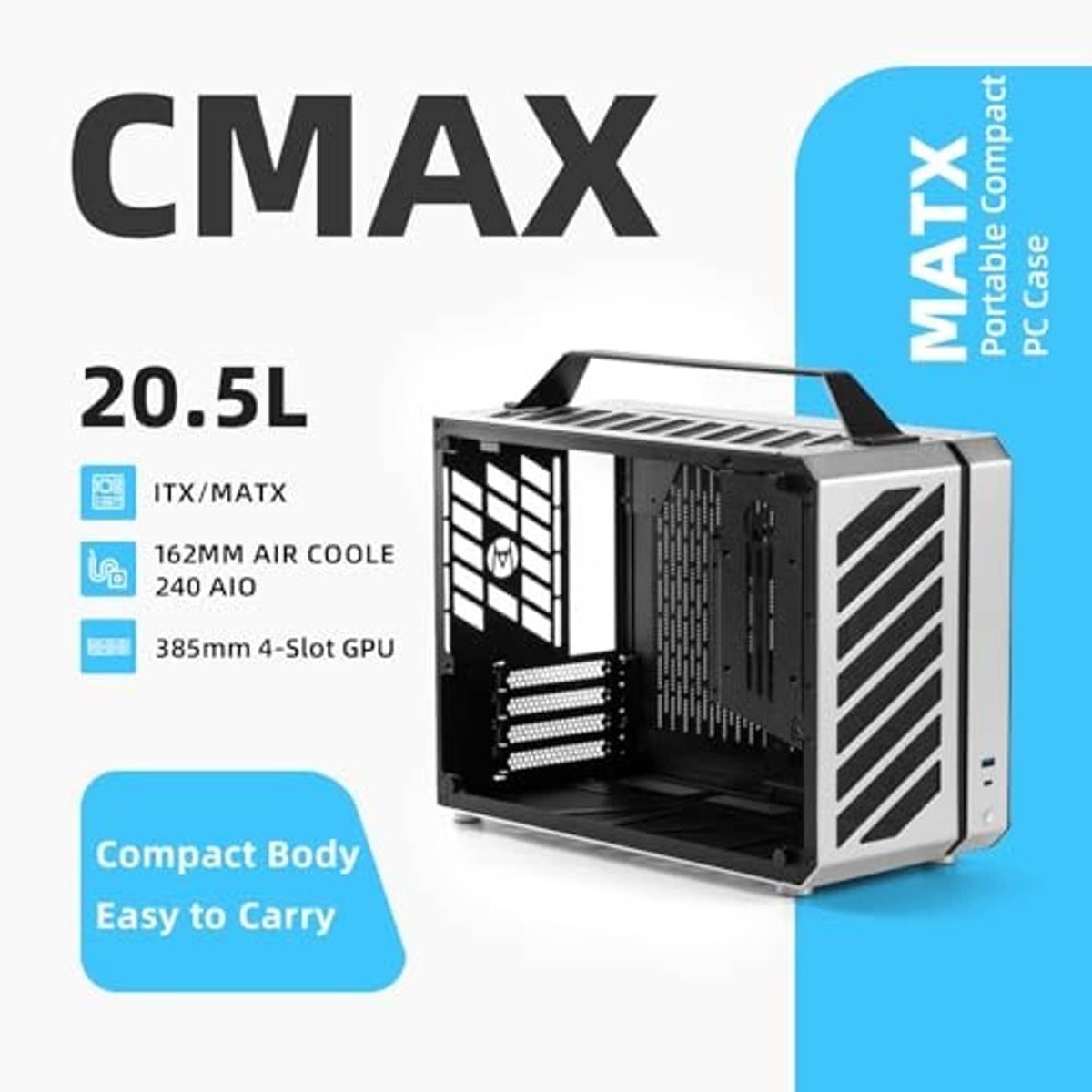 Compact black MATX/ITX PC case with top carry handle and vented side panels