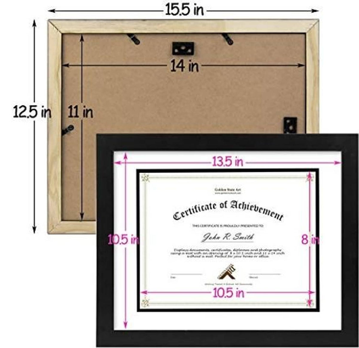 Black wood document frame size diagram with certificate and double mat opening