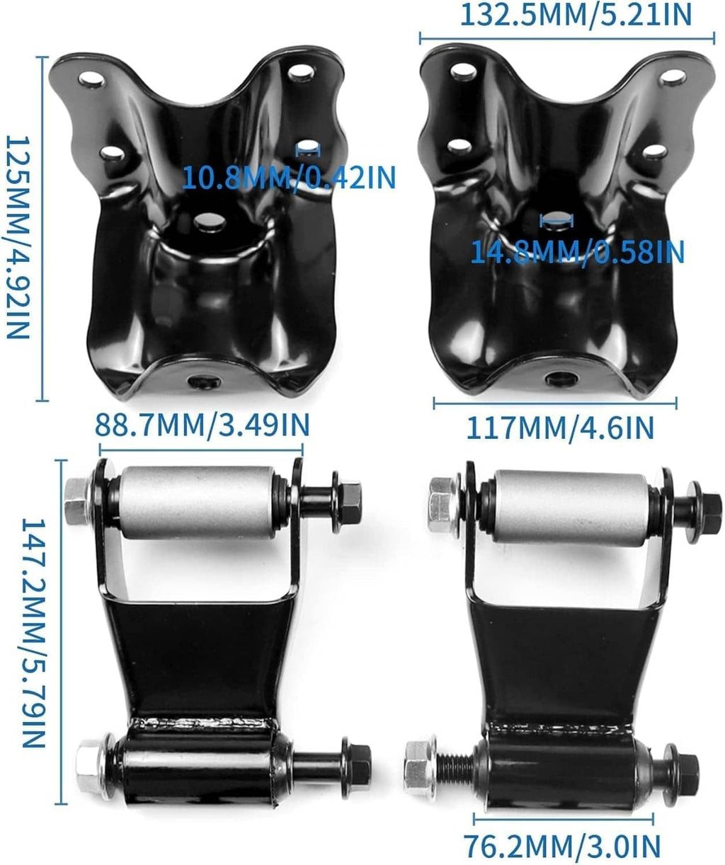 Black rear leaf spring shackle kit pair with measurements, including hanger brackets