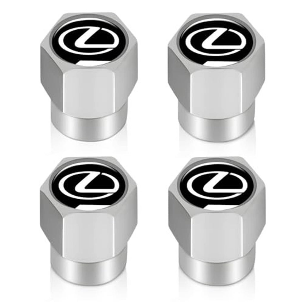 Silver hex tire valve stem caps with Lexus logo, angled view, set of four