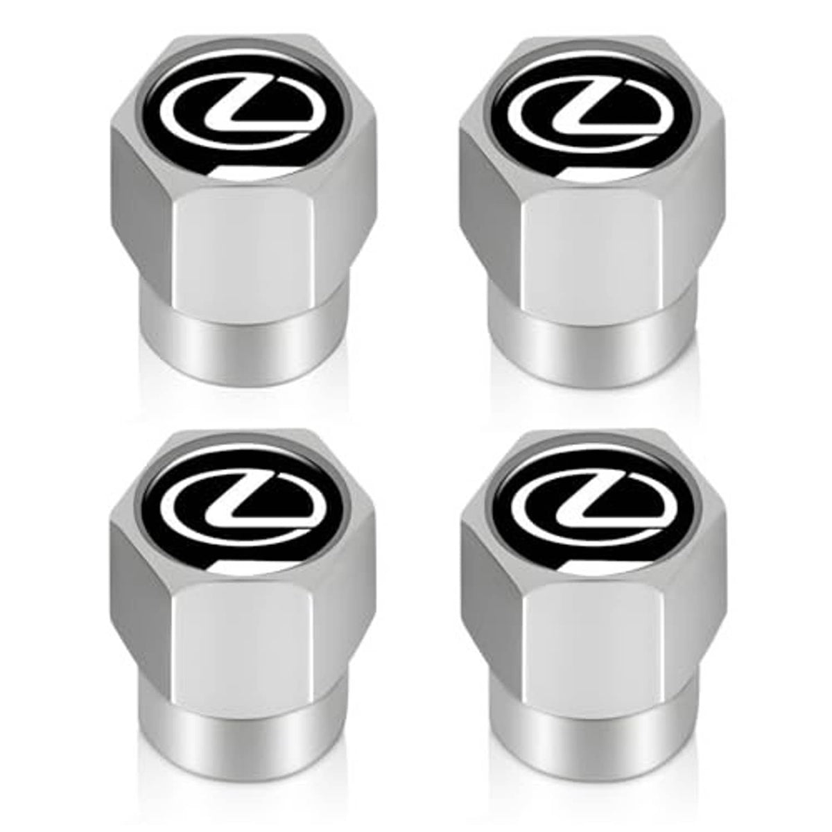 Silver hex tire valve stem caps with Lexus logo, angled view, set of four
