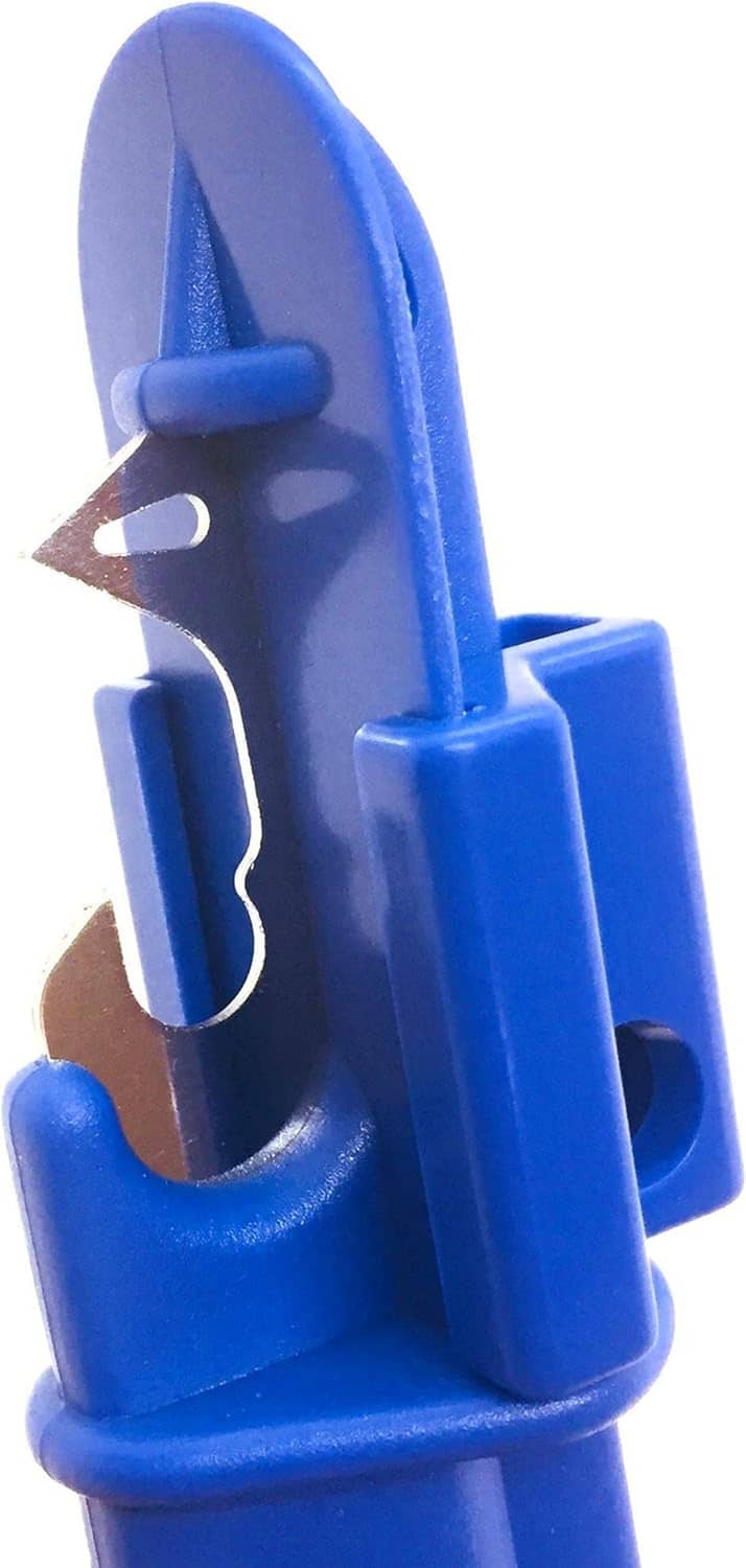 Close-up of blue puncture tool head with metal prong and latch