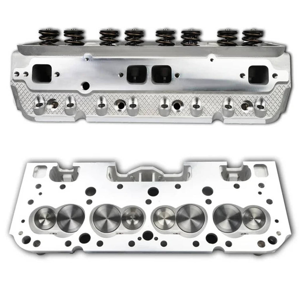 Aluminum cylinder head with valve springs and intake/exhaust ports, silver machined finish
