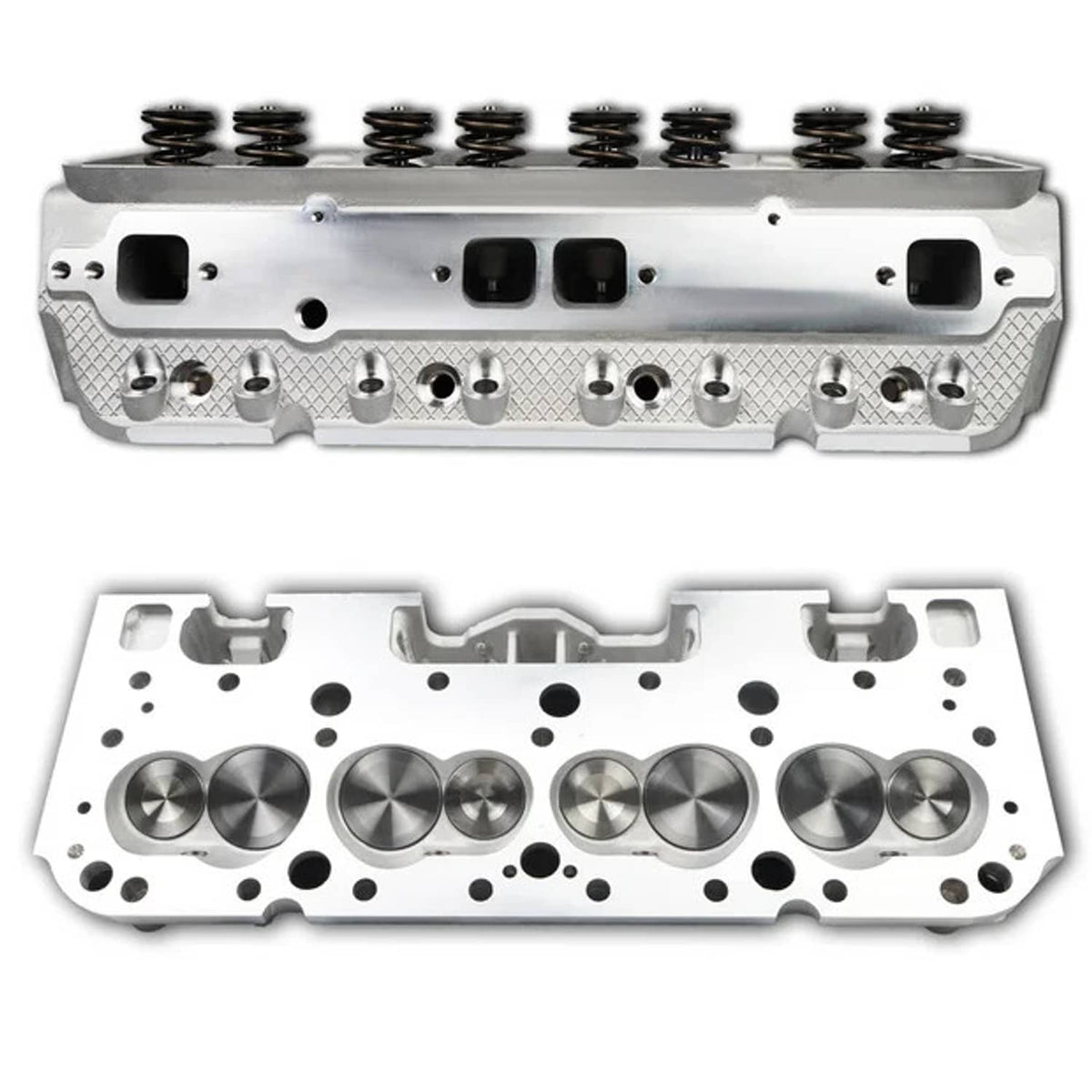 Aluminum cylinder head with valve springs and intake/exhaust ports, silver machined finish