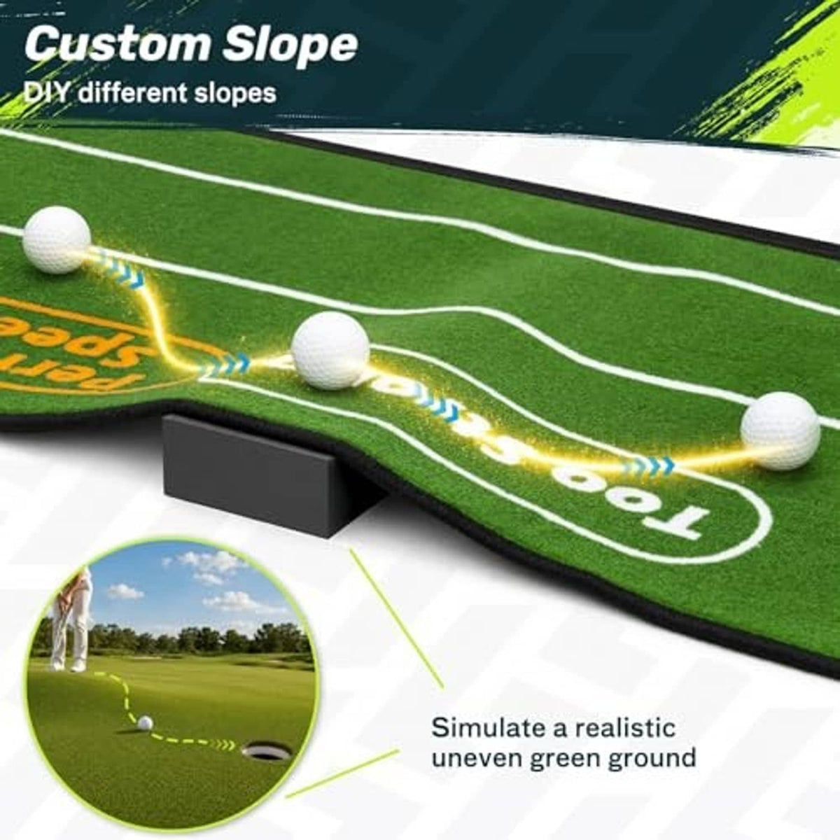 Green putting mat with custom slope practice lanes and embedded guide lines