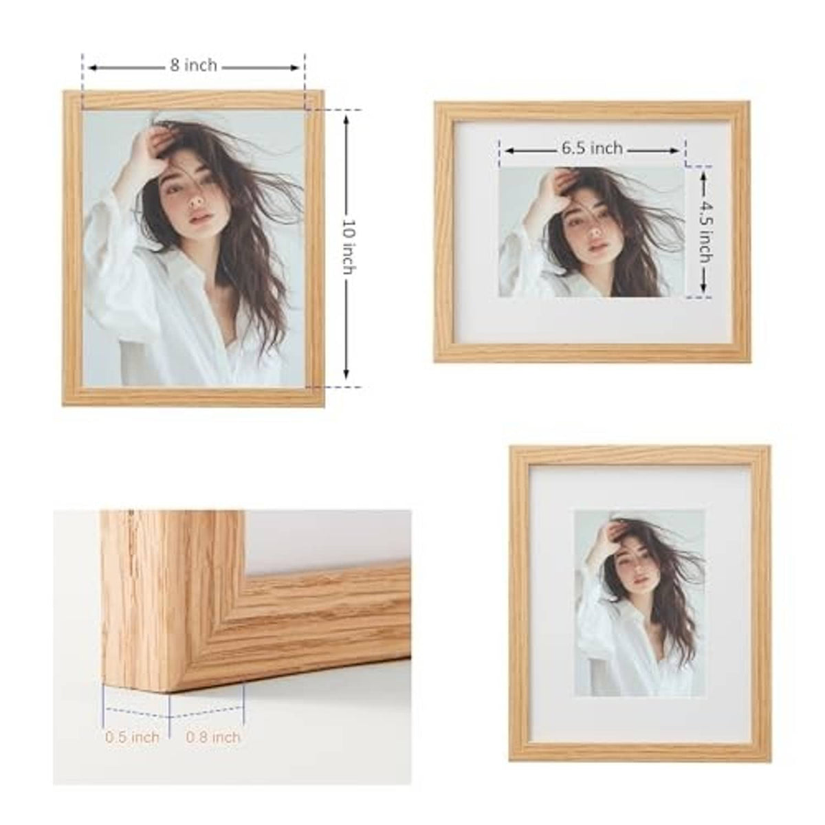 Oak 8x10 picture frame set with size layout for photos and mat opening