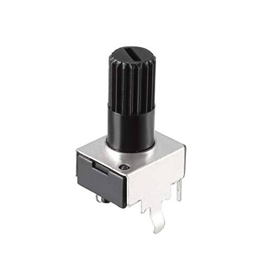 Single-turn potentiometer viewed from side; black knob and metal mounting pins