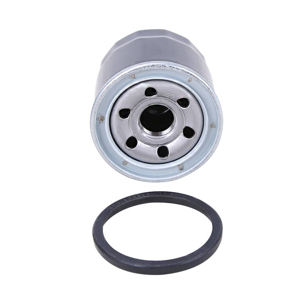 Oil filter cartridge end view with gasket ring and circular ports, dark housing