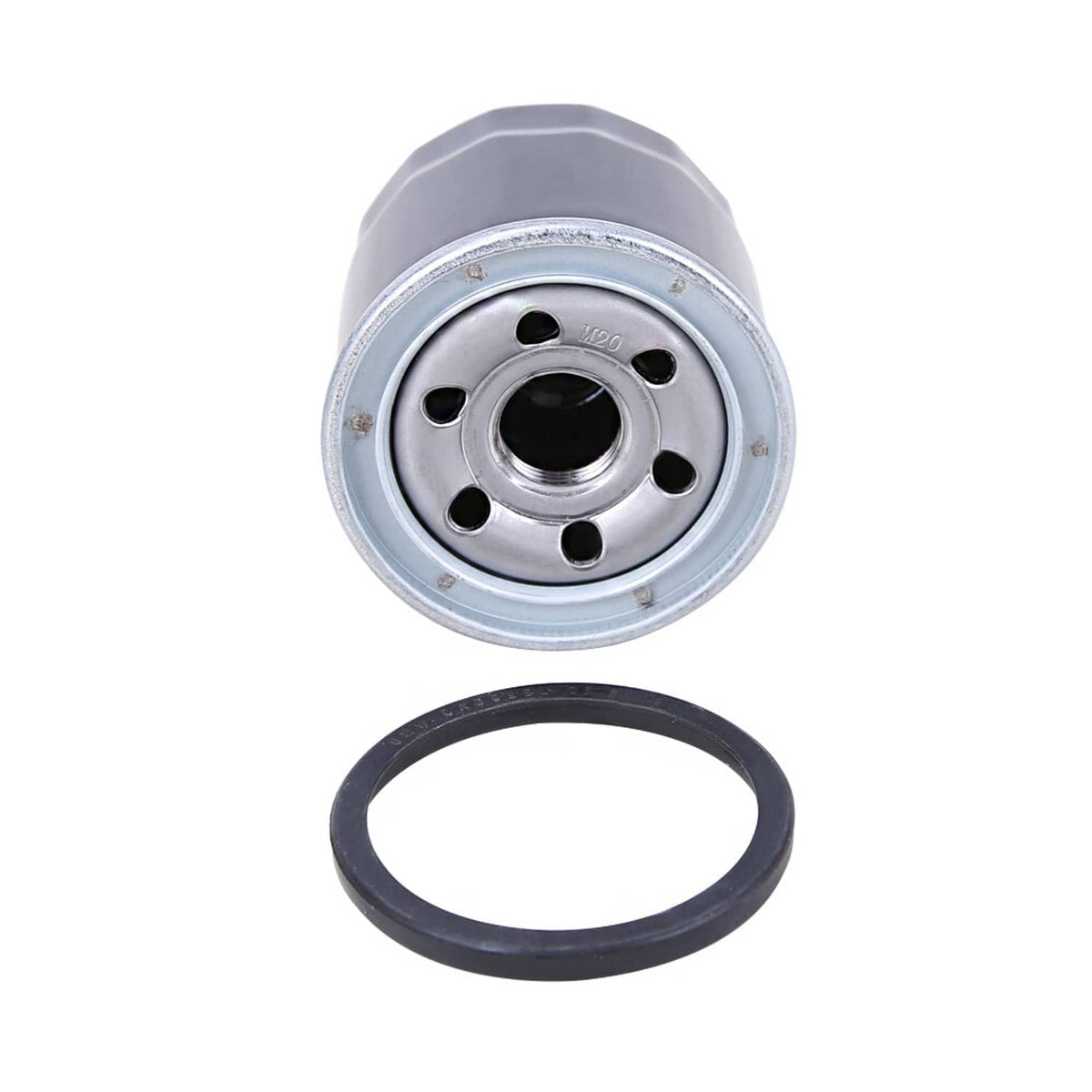 Oil filter cartridge end view with gasket ring and circular ports, dark housing