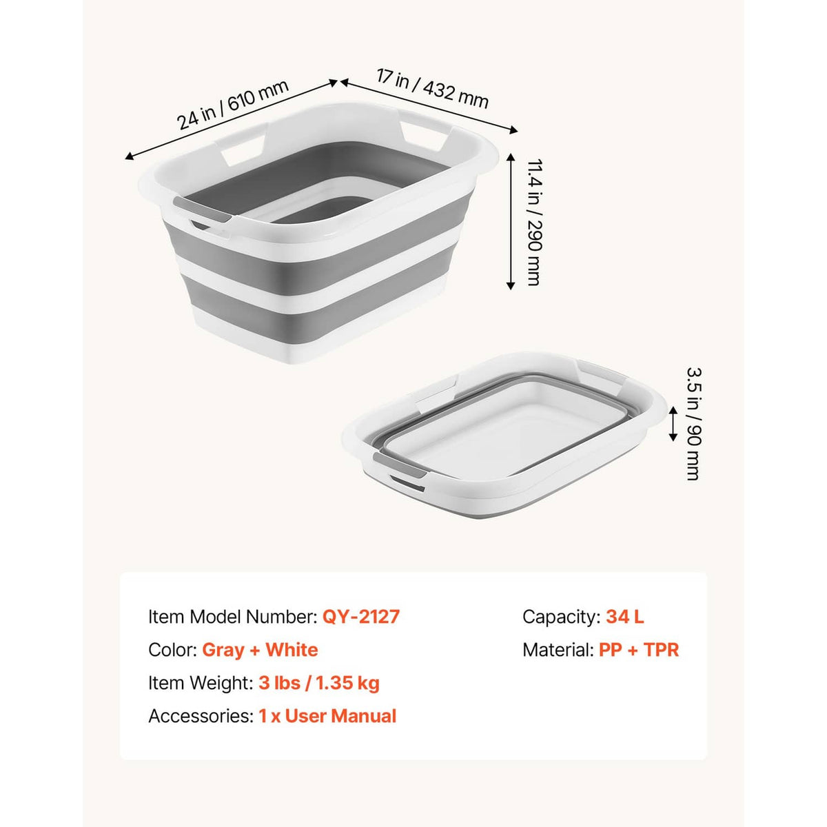 Gray and white collapsible pet bath tub with folded tray insert shown