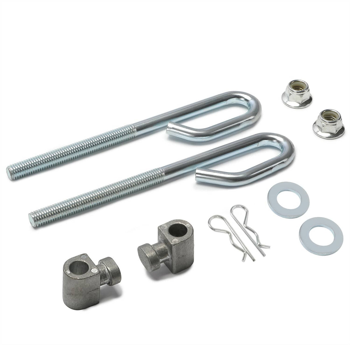 Deck lift bolt kit showing two U-bolts, nuts, washers, cotter pins, and clamp brackets