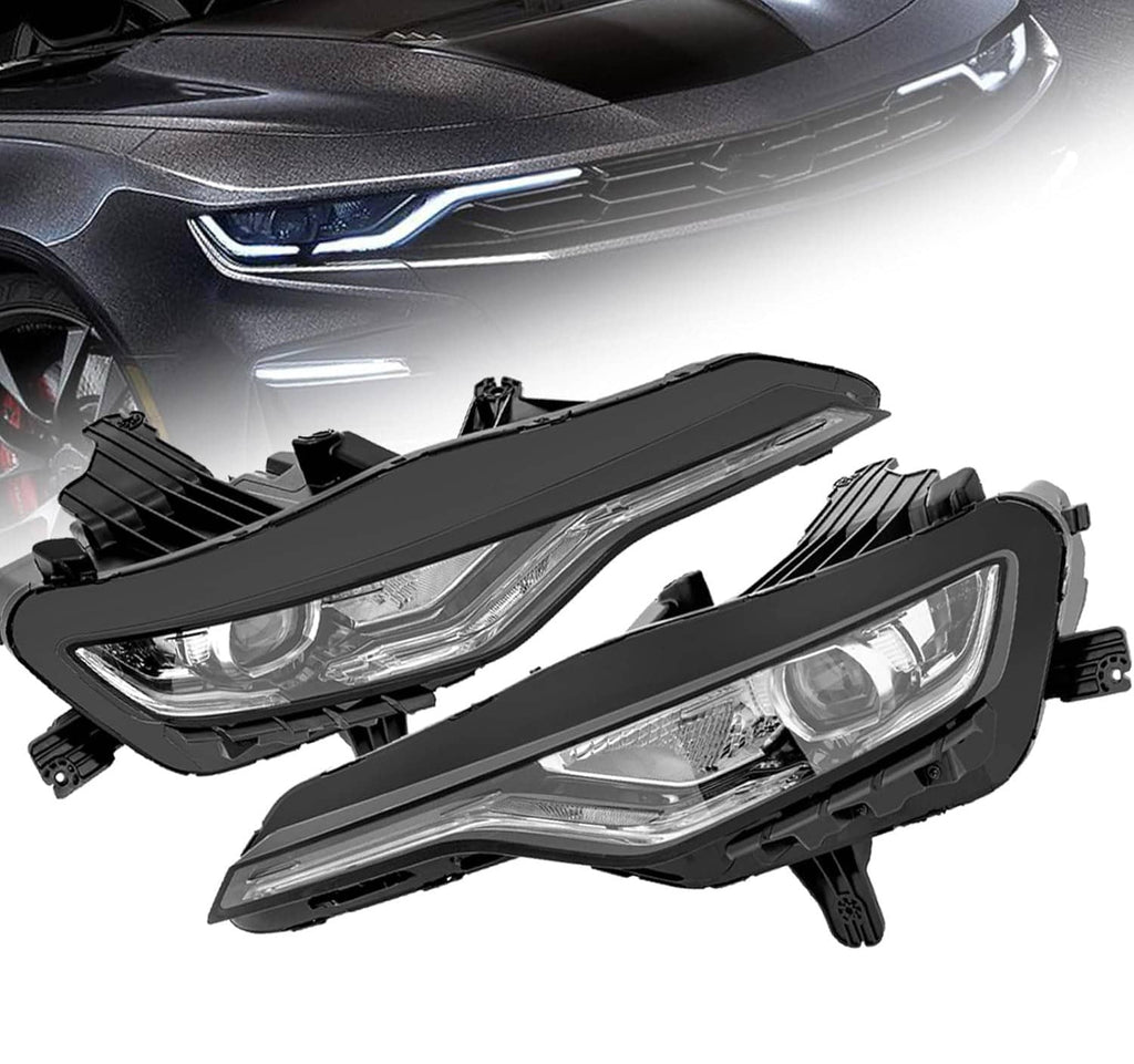 LED DRL headlight assembly with clear lens, black housing, and light bar