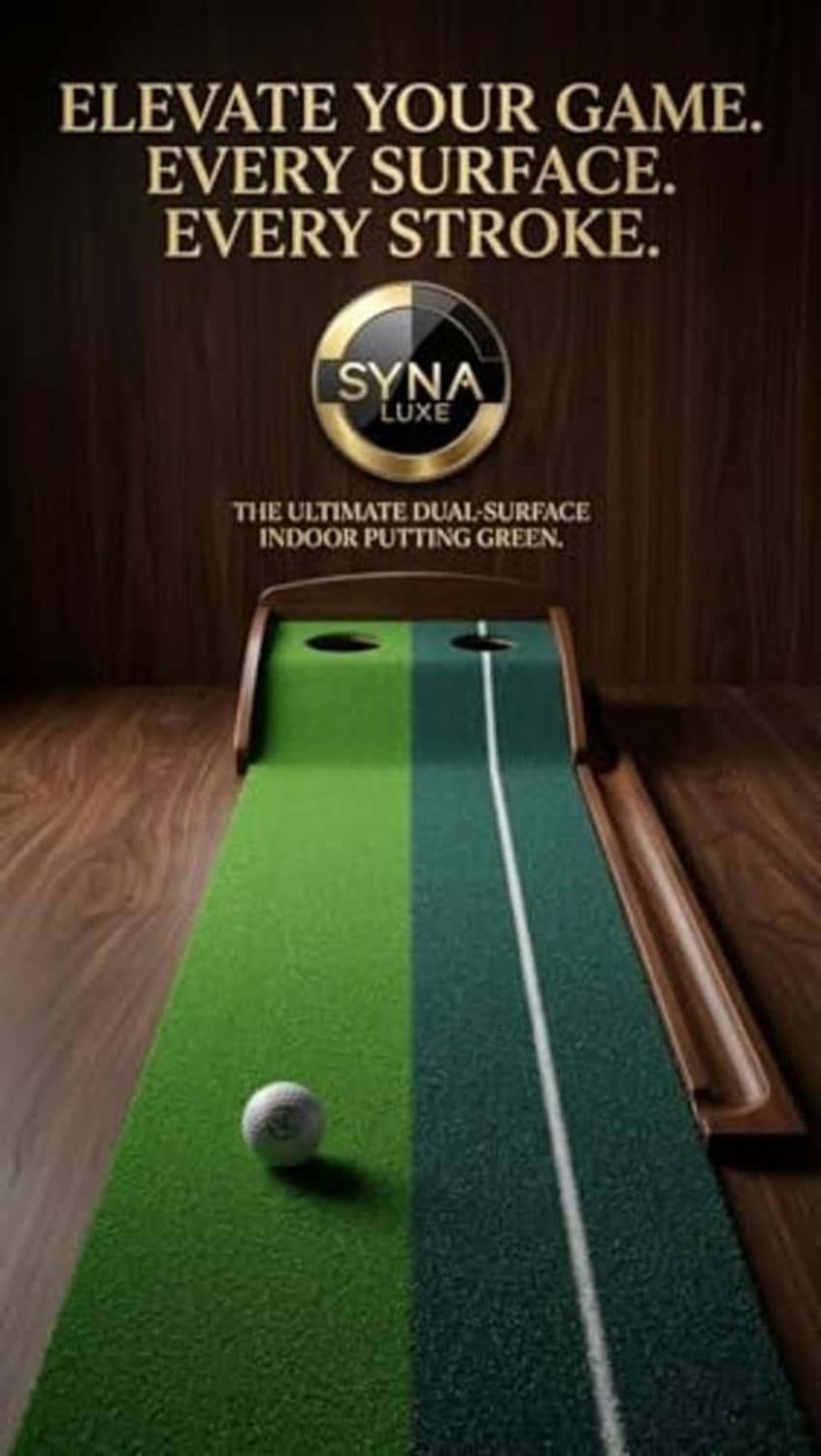 Green dual-lane putting mat with white guide line, ball, and wooden side rails